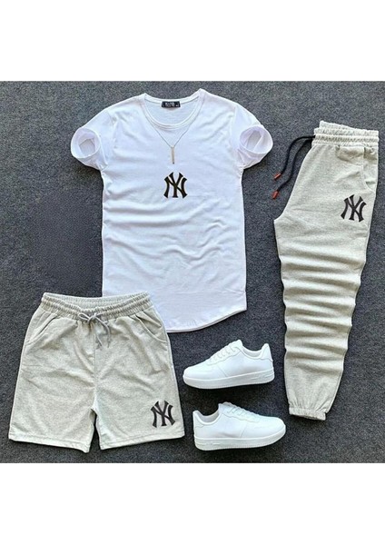 Ny Baskılı Original Ünisex Yazlık Şort T-Shirt Eşofman Altı 3 Lü Set Combin Takım