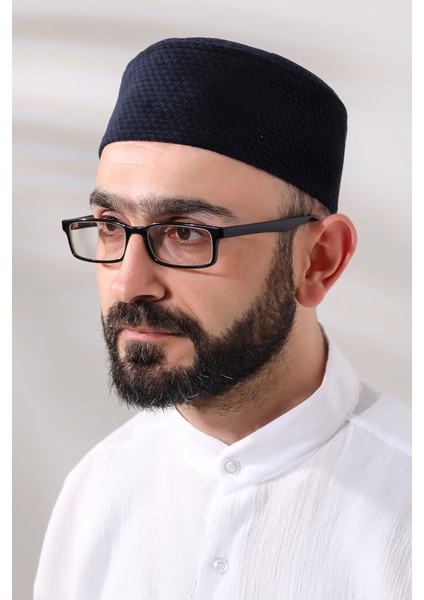 Lacivert Petek Kareli Kadife Kalıp Namaz Takkesi