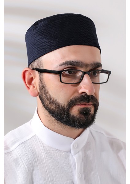 Lacivert Petek Kareli Kadife Kalıp Namaz Takkesi