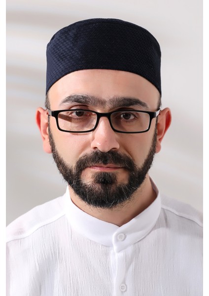 Lacivert Petek Kareli Kadife Kalıp Namaz Takkesi