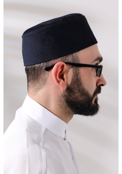Lacivert Petek Kareli Kadife Kalıp Namaz Takkesi