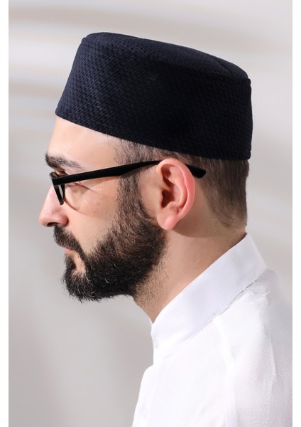 Lacivert Petek Kareli Kadife Kalıp Namaz Takkesi