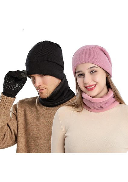 Bej Tarzı Kış Erkek Dağcılık Şapka Eşarp Seti Düz Renk Sıcak Kap Eşarp Erkek Unisex Açık Elastik Yumuşak Rahat Şapkalar (Yurt Dışından)