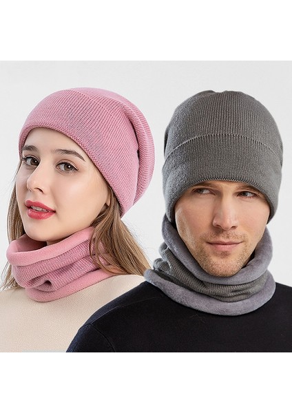 Bej Tarzı Kış Erkek Dağcılık Şapka Eşarp Seti Düz Renk Sıcak Kap Eşarp Erkek Unisex Açık Elastik Yumuşak Rahat Şapkalar (Yurt Dışından)