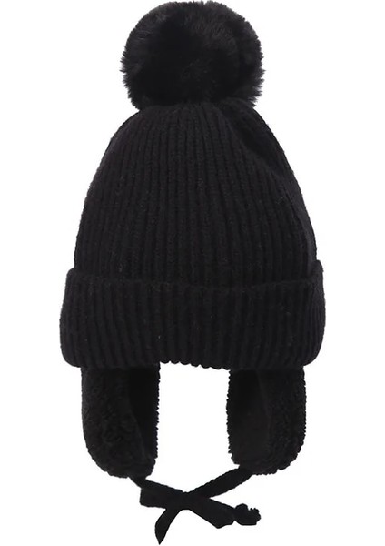 Siyah Stil Kış Çocuk Şapka Peluş Kulak Flap Örgü Kalın Bere Kap Kaburga Manşet Pom Astarlı Sıcak Şapka Noel Yeni Yıl Için (Yurt Dışından)