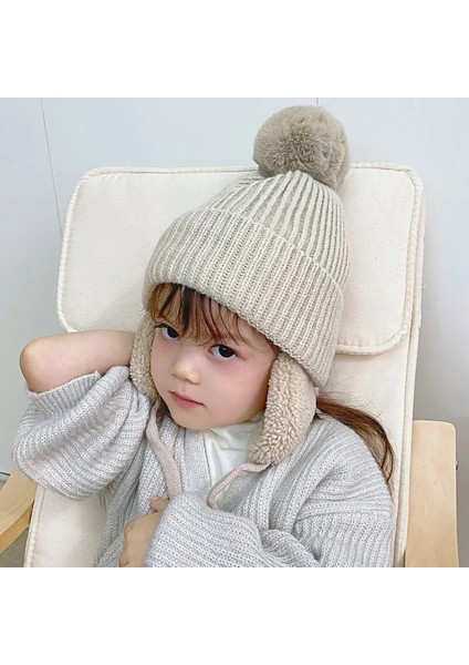 Siyah Stil Kış Çocuk Şapka Peluş Kulak Flap Örgü Kalın Bere Kap Kaburga Manşet Pom Astarlı Sıcak Şapka Noel Yeni Yıl Için (Yurt Dışından) modelleri