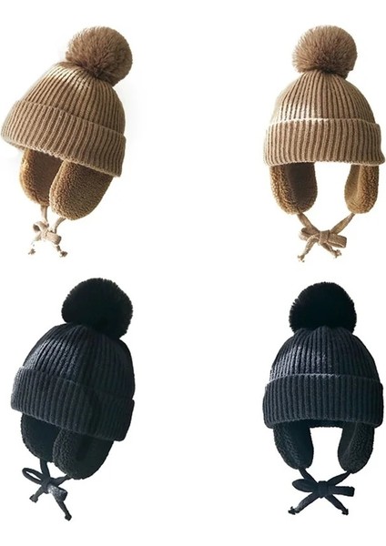 Siyah Stil Kış Çocuk Şapka Peluş Kulak Flap Örgü Kalın Bere Kap Kaburga Manşet Pom Astarlı Sıcak Şapka Noel Yeni Yıl Için (Yurt Dışından) fırsatları