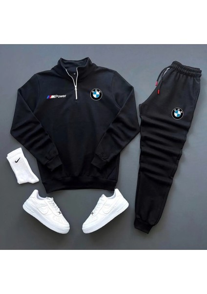 Moda Wear Bmw Logo Baskı Yarım Fermuarlı Sweatshirt-Eşofman Altı