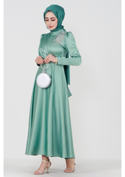 Önü Taş Baskılı Saten Abiye-Mint Yeşili fiyatları