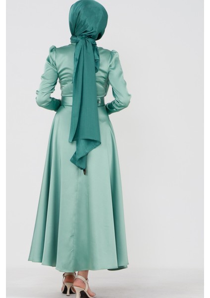 Önü Taş Baskılı Saten Abiye-Mint Yeşili indirimleri