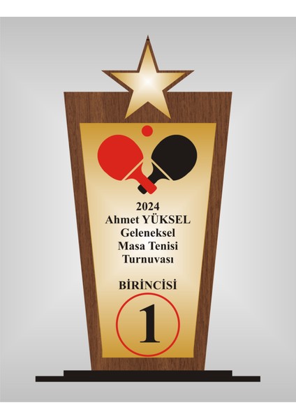 Yüksel 34 Masa Tenisi Turnuvası Plaketi , Ahşap Mdf Gold Levhaya Baskılı  ,kişiye Özel Isim Baskıiı