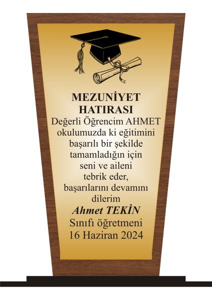 Öğrenci Mezuniyet Plaketi Ahşap Mdf Gold Levhaya Baskılı ,kişiye Özel Isim Baskısı Yapılabilir