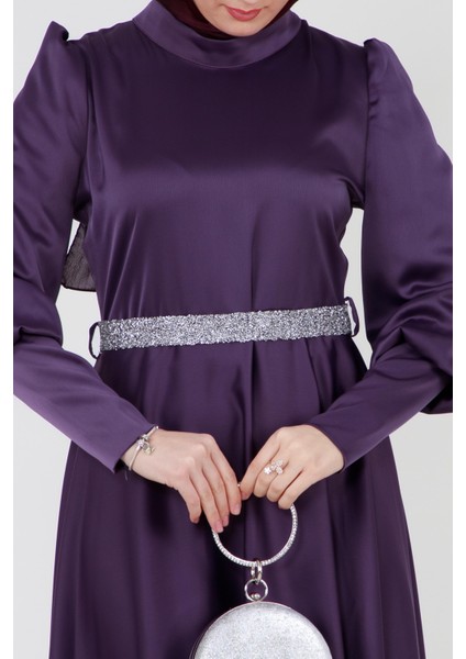 Kuşağı Taşlı Saten Abiye-Mor fırsatları