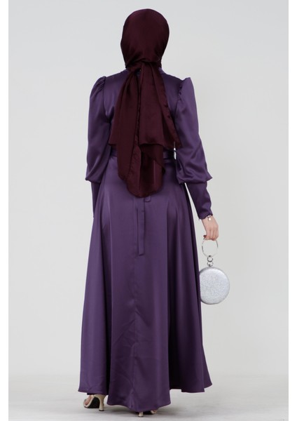 Kuşağı Taşlı Saten Abiye-Mor indirimleri