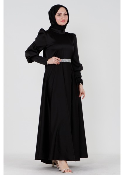 Kuşağı Taşlı Saten Abiye-Siyah fiyatları