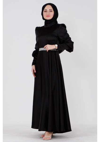 Kuşağı Taşlı Saten Abiye-Siyah modelleri