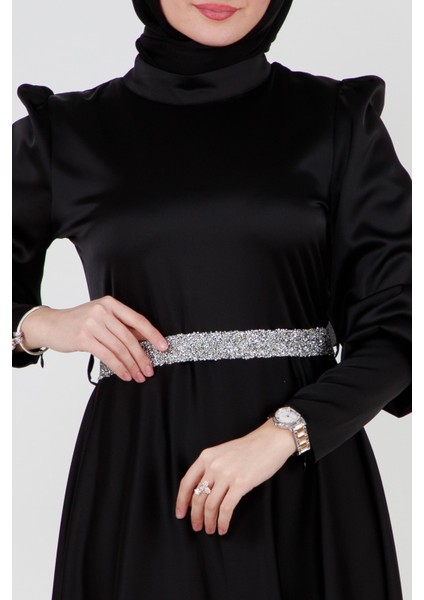 Kuşağı Taşlı Saten Abiye-Siyah fırsatları