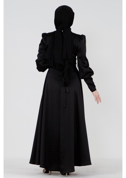 Kuşağı Taşlı Saten Abiye-Siyah indirimleri