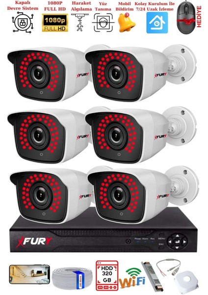 6 Kamera Geniş Açı 1080P Full Hd Görüntü 36 LED Gece Görüşlü-Su Geçirmez Güvenlik Kamera Seti 320 GB