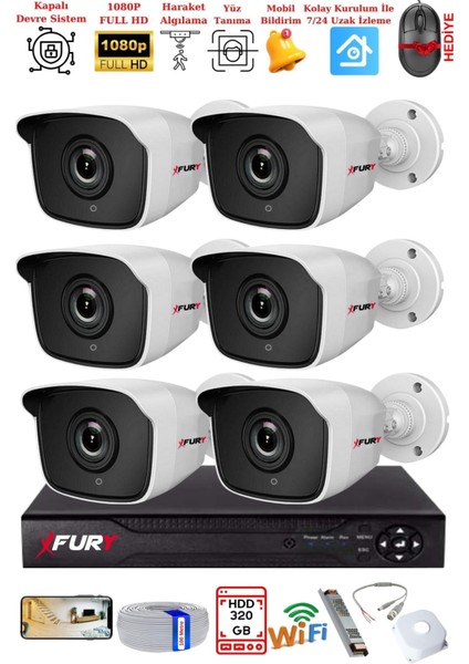 6 Kamera Geniş Açı 1080P Full Hd Görüntü 36 LED Gece Görüşlü-Su Geçirmez Güvenlik Kamera Seti 320 GB
