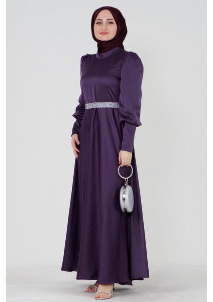 Kuşağı Taşlı Saten Abiye-Mor
