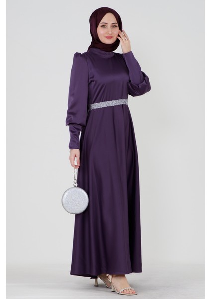 Kuşağı Taşlı Saten Abiye-Mor
