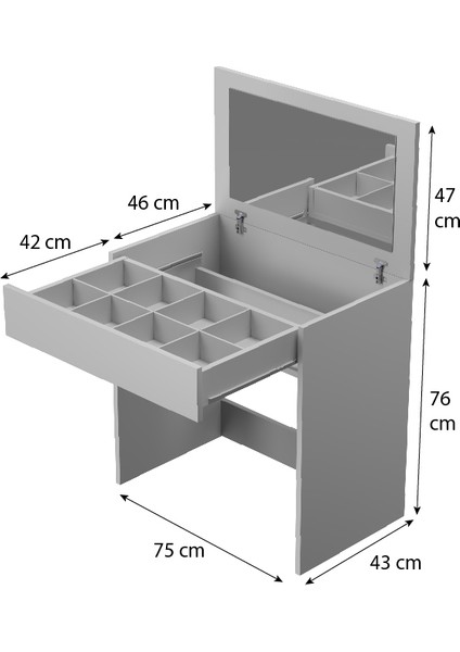 Mina Aynalı Çekmeceli Gizli Bölmeli Makyaj Masası