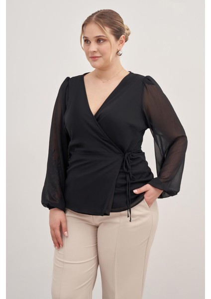 Astarlı Bağlama Detaylı Şifon Bluz