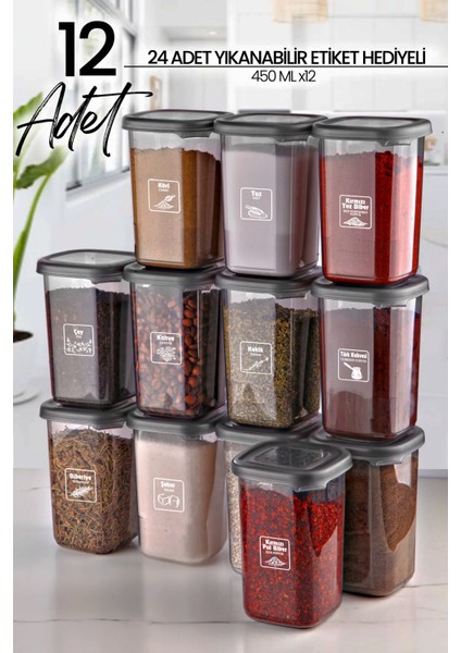 12'Li Etiketli Modernity Etiketli Kare Baharatlık Takımı 450 Ml - Erzak Saklama Kabı Seti
