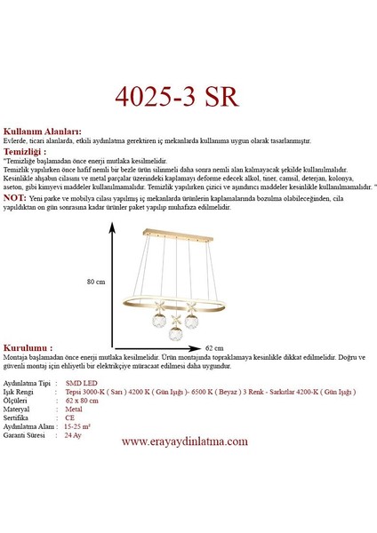 4025-3 Sr 3 Toplu Gold LED Avize(Beyaz Işık -Sarı Işık - Gün Işığı) fırsatları
