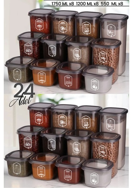 Etiketli 24'lü Antrasit Square Kare Saklama Kabı Seti (1.75LTL+1.2LT+0,55) Etiketi Erzak Saklama