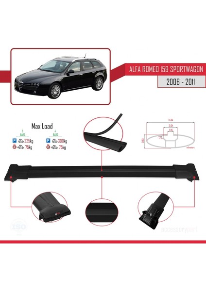 Alfa Romeo 159 Sportwagon 2006-2011 Arası ile Uyumlu Fly Model Ara Atkı Tavan Barı Siyah 3 Adet Bar fırsatları