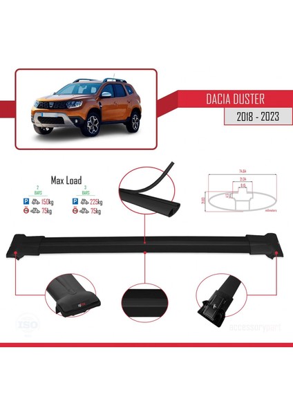 Dacia Duster 2018-2023 Arası ile Uyumlu Fly Model Ara Atkı Tavan Barı Siyah