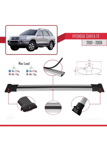 Hyundai Santa Fe (Sm) 2001-2006 Arası ile Uyumlu Fly Model Ara Atkı Tavan Barı Gri 3 Adet Bar fırsatları