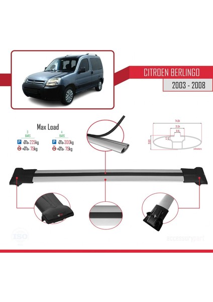 Citroen Berlingo 2003-2008 Arası ile Uyumlu Fly Model Ara Atkı Tavan Barı Gri 4 Adet Bar fırsatları