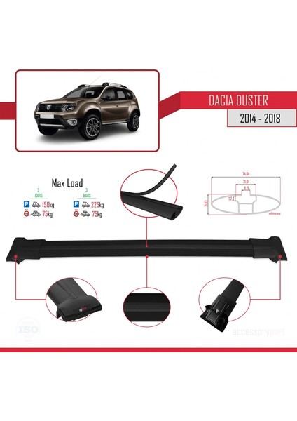Dacia Duster 2014-2018 Arası ile Uyumlu Fly Model Ara Atkı Tavan Barı Siyah fırsatları