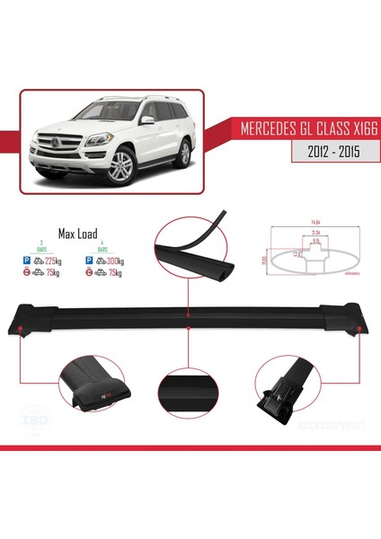 Mercedes Gl Class (X166) 2012-2015 Arası ile Uyumlu Fly Model Ara Atkı Tavan Barı Siyah 3 Adet Bar fırsatları