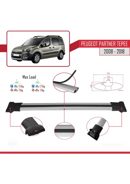Peugeot Partner Tepee 2008-2018 Arası ile Uyumlu Fly Model Ara Atkı Tavan Barı Gri fırsatları