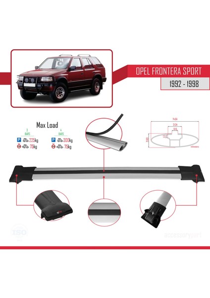 Opel Frontera Sport 1992-1998 Arası ile Uyumlu Fly Model Ara Atkı Tavan Barı Gri 3 Adet Bar