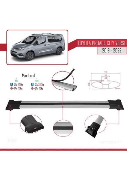 Toyota Proace City Verso 2019-2022 Arası ile Uyumlu Fly Model Ara Atkı Tavan Barı Gri 4 Adet Bar modelleri