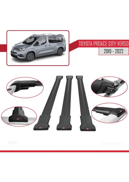 Toyota Proace City Verso 2019-2022 Arası ile Uyumlu Fly Model Ara Atkı Tavan Barı Siyah 3 Adet Bar