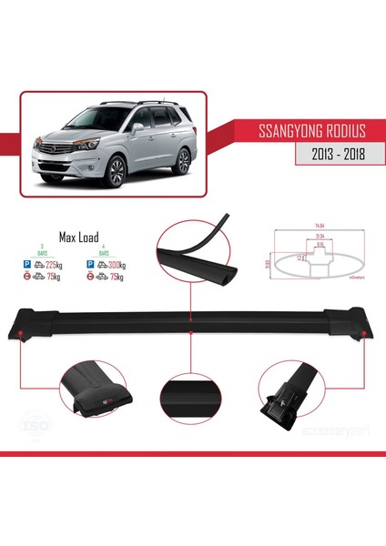 Ssangyong Rodius 2013-2018 Arası ile Uyumlu Fly Model Ara Atkı Tavan Barı Siyah 3 Adet Bar