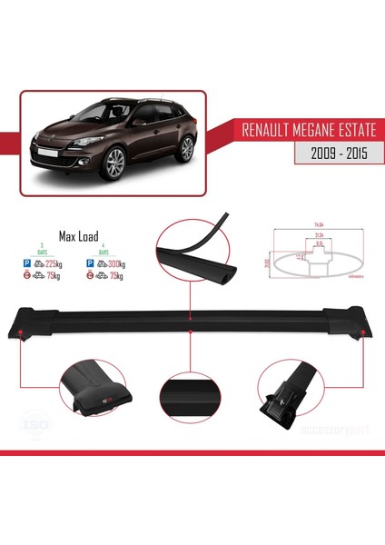 Renault Megane Grandtour 2009-2015 Arası ile Uyumlu Fly Model Ara Atkı Tavan Barı Siyah 3 Adet Bar