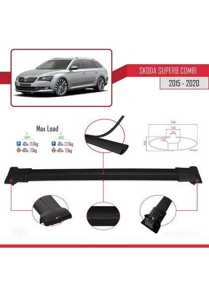 Skoda Superb Combı 2015-2020 Arası ile Uyumlu Fly Model Ara Atkı Tavan Barı Siyah