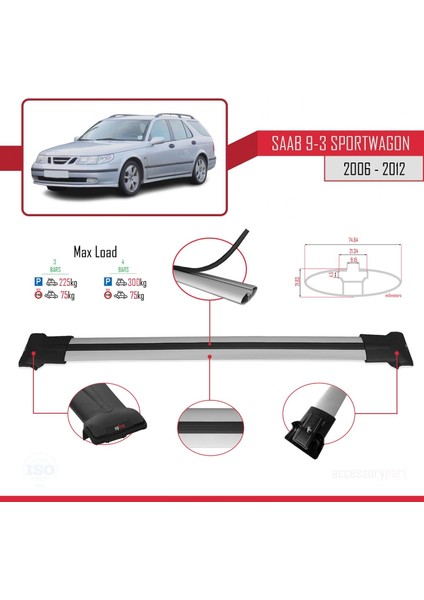 Saab 9-3 Sportwagon 2006-2012 Arası ile Uyumlu Fly Model Ara Atkı Tavan Barı Gri 3 Adet Bar fırsatları