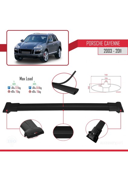 Porsche Cayenne 2003-2011 Arası ile Uyumlu Fly Model Ara Atkı Tavan Barı Siyah 3 Adet Bar