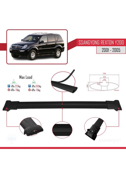 Ssangyong Rexton Y200 2001-2005 Arası ile Uyumlu Fly Model Ara Atkı Tavan Barı Siyah 3 Adet Bar