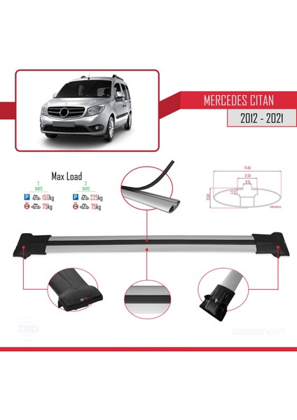 Mercedes Citan 2012-2021 Arası ile Uyumlu Fly Model Ara Atkı Tavan Barı Gri fırsatları
