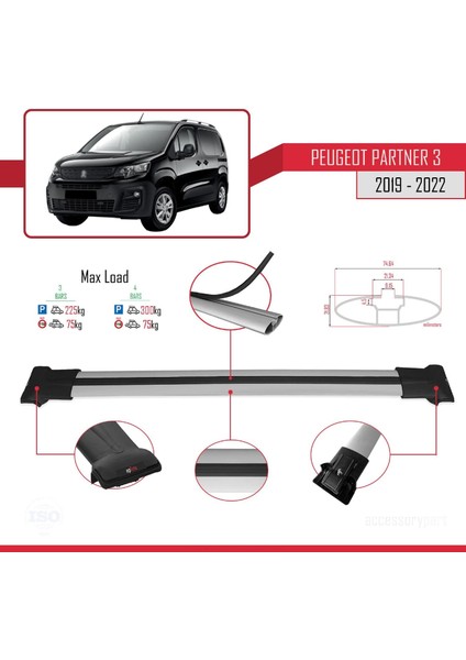 Peugeot Partner 2019-2022 Arası ile Uyumlu Fly Model Ara Atkı Tavan Barı Gri 3 Adet Bar modelleri