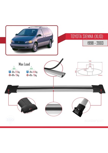 Toyota Sienna (XL10) 1998-2003 Arası ile Uyumlu Fly Model Ara Atkı Tavan Barı Gri 3 Adet Bar fırsatları